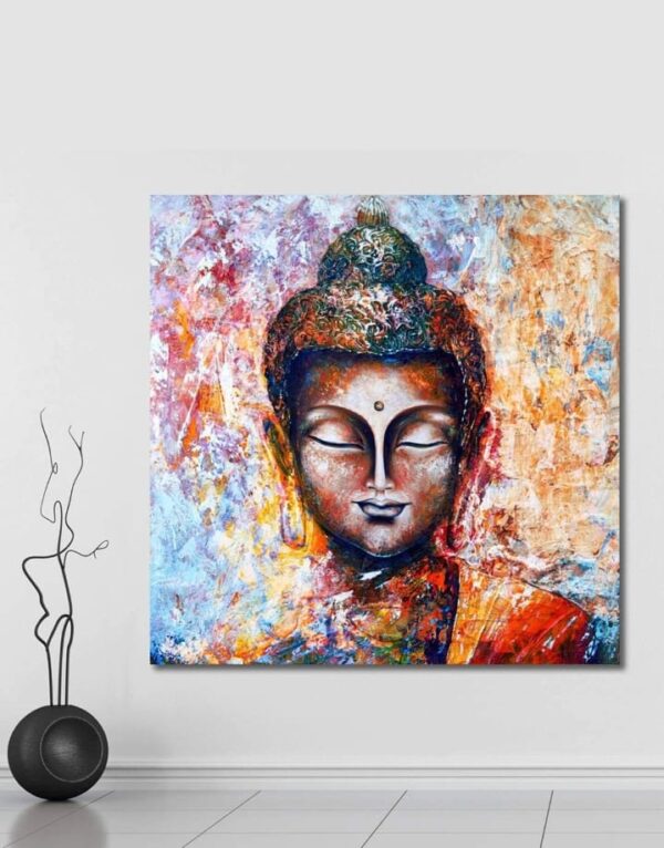 999STORE Wooden Stretched Lord Gautam Buddha Budha Painting | Wall Paintings for Bedroom | Bed Room Canvas Modern Stylish Hanging (Canvas 18X18 Inches Stretched Canvas) (857)