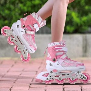 Rylan 4 Wheels Adjustable Inline Skates Skating Shoes for Boys Kids Girls Skating Shoe Adjustable Roller Blades Age 6 to 15 Years PU Strong Wheels Aluminium with LED Flash Light on Wheels (SIZE-S 30,33