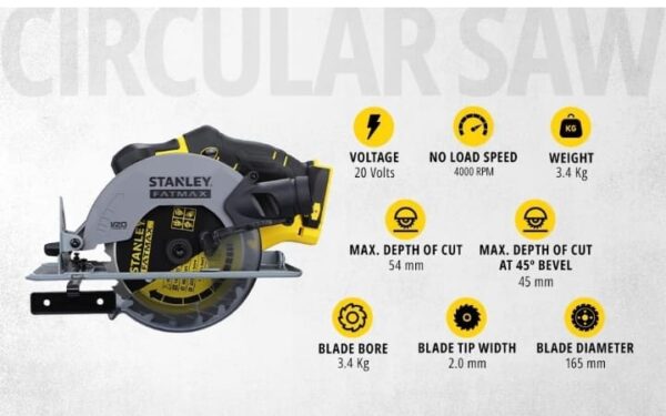 STANLEY FATMAX SCC500-B1 20V 165mm 4000 RPM Cordless Brushed Circular Saw for Mechanic, Tradesmen & Professional Use, Batteries Not Included, 2 Year Warranty, YELLOW & BLACK - Image 4