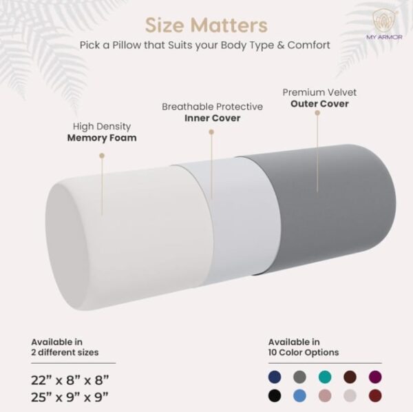MY ARMOR Memory Foam Orthopedic Large Size Bolster Bed Pillows for Rest and Support,(Grey Velvet Cover, 25" x 9" x 9") (2210) - Image 3