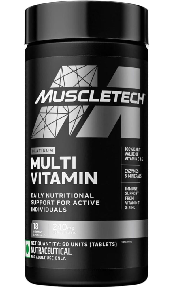 MuscleTech Platinum Multivitamin, Vitamin C for Immune Support, 18 Vitamins & Minerals, 60 Tablets (2415)