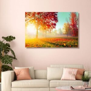 999STORE Wooden Stretched Framed Wall Painting Paintings For Bedroom Wall Art Living Room Décor With Frames Sunrise Behind The Red Leaves Sunrise Painting (24X36 Inch) Flp24360130 (2140)
