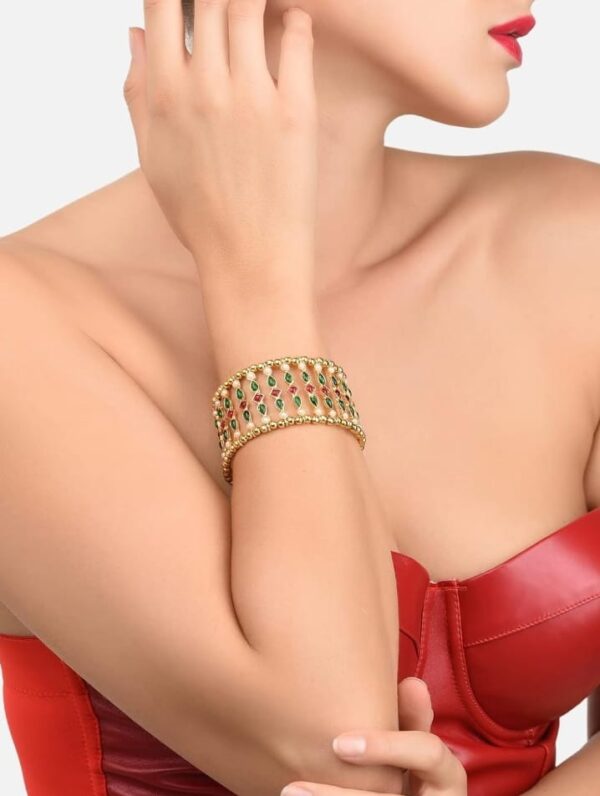 ZAVERI PEARLS Green & Pink Kundan Embellished Traditional Cuff Bracelet For Women-ZPFK11437 (shani15) - Image 3