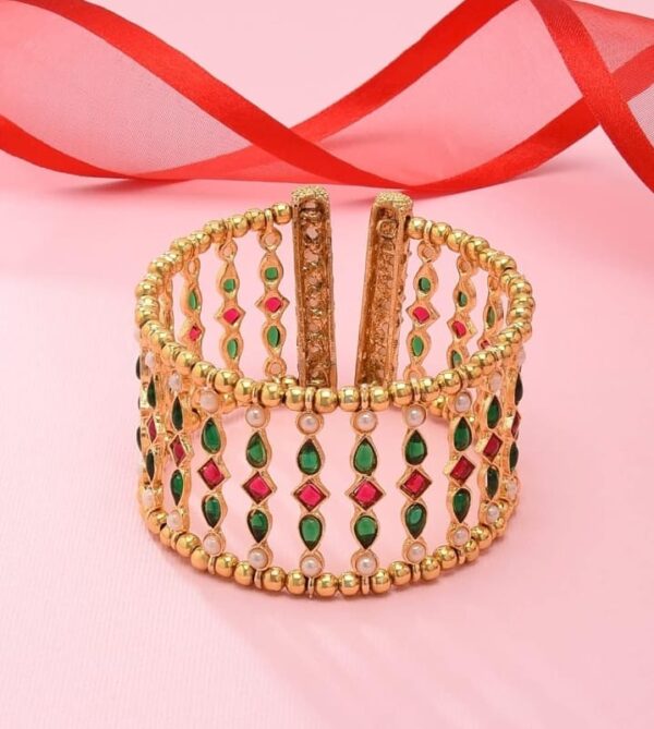 ZAVERI PEARLS Green & Pink Kundan Embellished Traditional Cuff Bracelet For Women-ZPFK11437 (shani15)