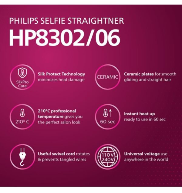 Philips Selfie Hair Straightener I Minimized Heat Damage with SilkPro Care I Ceramic Coated Plates I No.1 Preferred Hair Styling Appliance Brand I HP8302/06 ( 3380,3381,3382,3383,3384,3385,3386) - Image 6