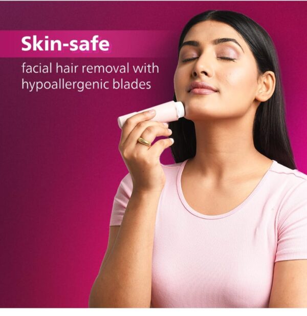 Philips Facial Trimmer for Women - SkinSafe with Hypo Allergenic Blades I Makeup must-have for glowing results I Self-sharpeing blades I Mirror & Light for Clean Trim I No Skin irritation I Cleaning brush I Travel Friendly I 2 Year Warranty - BRR454/00 (3369,3370) - Image 4