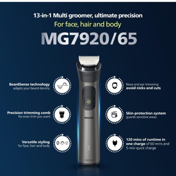 Philips India's No.1 Men's Trimmer| Patented Twin Trim Blades I Precision Trimming, 13-in-1 Modern Man Kit -Face, Body & Private Parts I 3 Year Warranty I120Min Runtime I 5 min Quick Charge MG7920/65 - Image 5