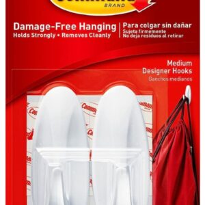 Command Plastic Medium Designer Wall Hooks, Upto 1.3Kg Heavy Duty, Hold Strongly, Reusable Adhesive Hooks For Wall, Multi-Surface Damage Free Hooks For Hanging (White , 2 Hooks, ) (3713,3715)
