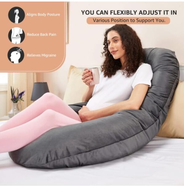 Amazon basics Full Body J-Shaped Pregnancy Pillow for Maternity & Baby Nursing | Abdomen, Hip, Spine, Neck & Head Support Cushion Velvet Outer Cover with Zip (Grey)   ( AV)(2518) ( AV) - Image 3