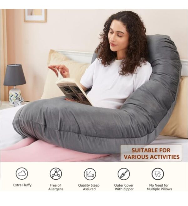 Amazon basics Full Body J-Shaped Pregnancy Pillow for Maternity & Baby Nursing | Abdomen, Hip, Spine, Neck & Head Support Cushion Velvet Outer Cover with Zip (Grey)   ( AV)(2518) ( AV) - Image 4
