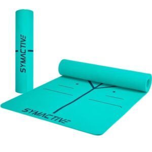 Amazon Brand - Symactive 6 Mm Premium Anti-Skid Supersoft Alignment Single Color Tpe Yoga Mat With Carrying Strap For Men & Women (2X6 Ft, Teal Green), Blue-Green (AV)