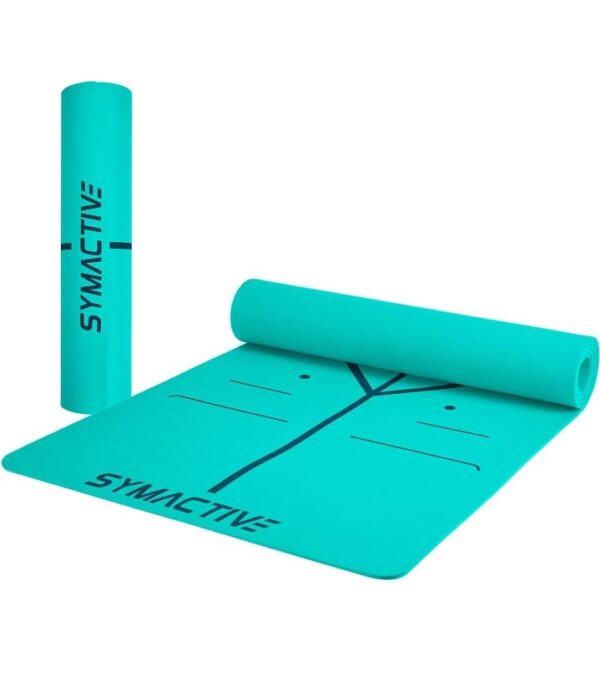 Amazon Brand - Symactive 6 Mm Premium Anti-Skid Supersoft Alignment Single Color Tpe Yoga Mat With Carrying Strap For Men & Women (2X6 Ft, Teal Green), Blue-Green (AV)