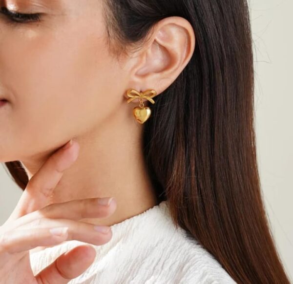 Salve Gold Bow-Mance Heart Drop Coquette Aesthetic Earrings for Women Fashion | Chic Accessories for Women Ear Tops Fashion Jewellery Bow Earrings for Girls Stylish | Valentine Gift for Girlfriend (Shani11) - Image 3