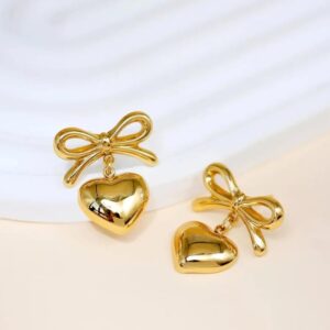 Salve Gold Bow-Mance Heart Drop Coquette Aesthetic Earrings for Women Fashion | Chic Accessories for Women Ear Tops Fashion Jewellery Bow Earrings for Girls Stylish | Valentine Gift for Girlfriend (Shani11)