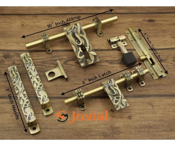 Jovial 1021 - Single Door - Door Fittings Kit, Door Accessories Kit, Door Kit Set (10"-1 Aldrop, 8"-1 Latch, 2 Handles, 1 Tower Bolt and 1 Door Stopper, Antique Brass) (3123) - Image 4