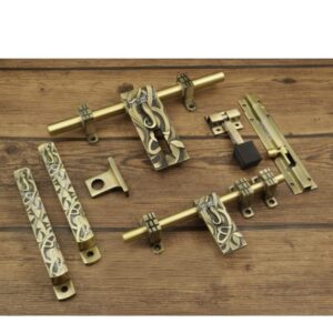 Jovial 1021 - Single Door - Door Fittings Kit, Door Accessories Kit, Door Kit Set (10"-1 Aldrop, 8"-1 Latch, 2 Handles, 1 Tower Bolt and 1 Door Stopper, Antique Brass) (3123)