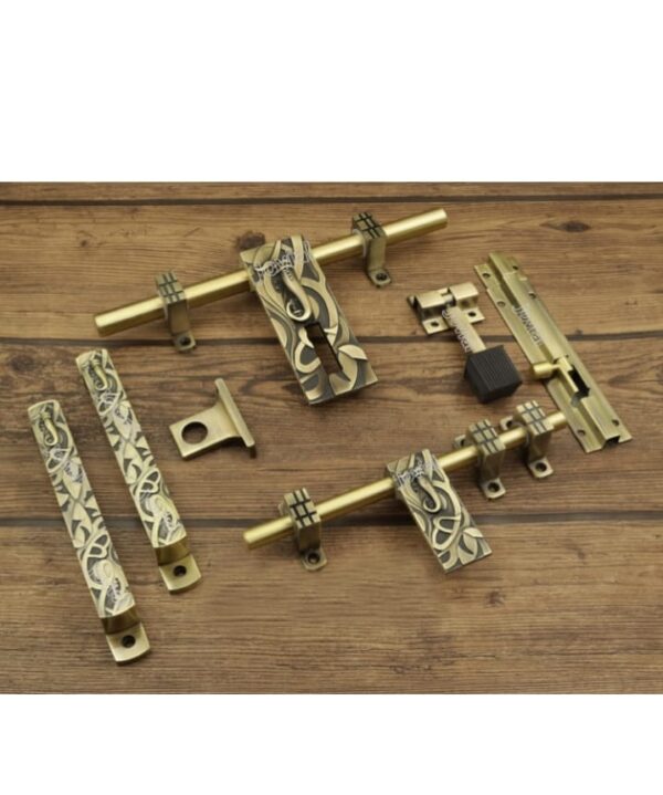 Jovial 1021 - Single Door - Door Fittings Kit, Door Accessories Kit, Door Kit Set (10"-1 Aldrop, 8"-1 Latch, 2 Handles, 1 Tower Bolt and 1 Door Stopper, Antique Brass) (3123)