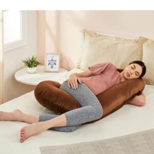 Amazon basics Full Body C-Shaped Pregnancy Pillow for Maternity & Baby Nursing | Abdomen, Hip, Spine, Neck & Head Support Cushion Velvet Outer Cover with Zip (Dark Brown)(3259)