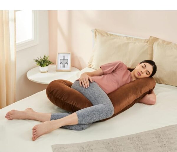 Amazon basics Full Body C-Shaped Pregnancy Pillow for Maternity & Baby Nursing | Abdomen, Hip, Spine, Neck & Head Support Cushion Velvet Outer Cover with Zip (Dark Brown)(3259)