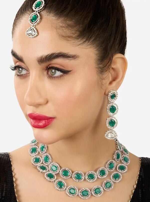 ZAVERI PEARLS Green Stones Dazzling Austrian Diamonds Layered Necklace Earring & Maangtikka Set For Women-ZPFK17569 (Shani42) - Image 4