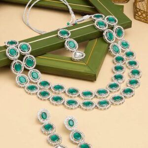 ZAVERI PEARLS Green Stones Dazzling Austrian Diamonds Layered Necklace Earring & Maangtikka Set For Women-ZPFK17569 (Shani42)