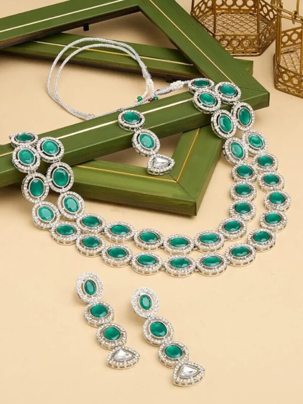 ZAVERI PEARLS Green Stones Dazzling Austrian Diamonds Layered Necklace Earring & Maangtikka Set For Women-ZPFK17569 (Shani42)