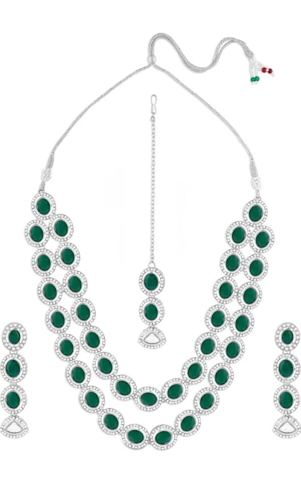 ZAVERI PEARLS Green Stones Dazzling Austrian Diamonds Layered Necklace Earring & Maangtikka Set For Women-ZPFK17569 (Shani42) - Image 2