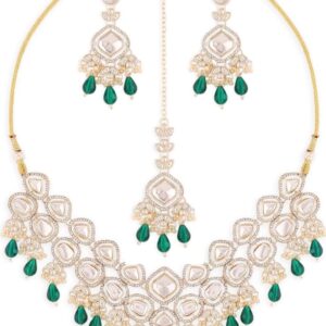ZAVERI PEARLS Green Kundan Austrian Diamonds Artificial Stones & Beads Embellished Bridal Necklace Earring & Maangtikka Set For Women-ZPFK16926 (shani41)