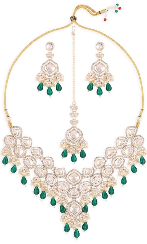 ZAVERI PEARLS Green Kundan Austrian Diamonds Artificial Stones & Beads Embellished Bridal Necklace Earring & Maangtikka Set For Women-ZPFK16926 (shani41)