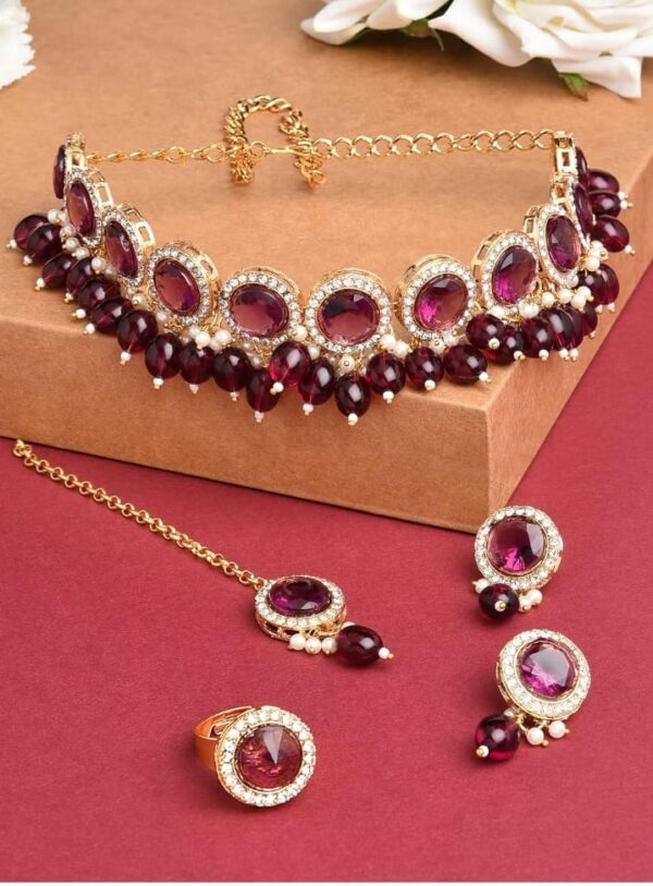 ZAVERI PEARLS Wine Color Stones & Cluster Beads Choker Necklace Earring Maangtikka & Ring Set For Women-ZPFK14598(shani35)