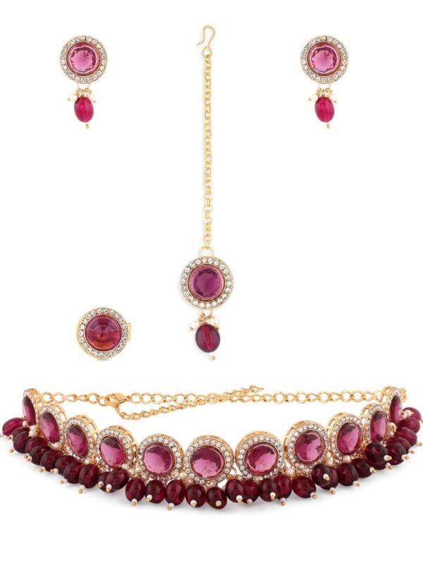 ZAVERI PEARLS Wine Color Stones & Cluster Beads Choker Necklace Earring Maangtikka & Ring Set For Women-ZPFK14598(shani35) - Image 2
