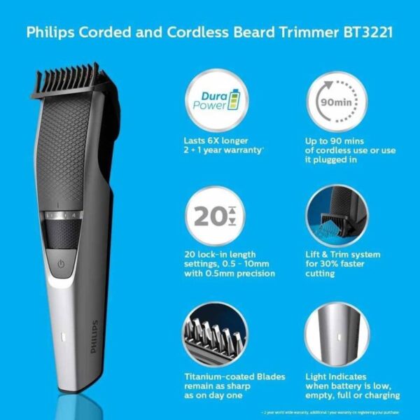 PHILIPS BT3221/15 Trimmer 90 min Runtime 20 Length Settings  (Grey) (7915) - Image 2