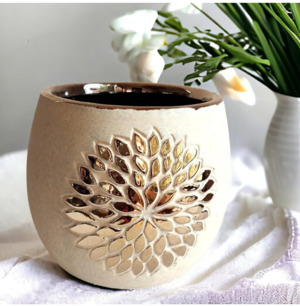 Garden Art Round Ceramic Flower Pots |Golden Flower Pattern, Pot Size (Dia-5.7 Inch) | Indoor & Outdoor Ceramic Planter(GA133-009C) ( 8220,8221) (p)