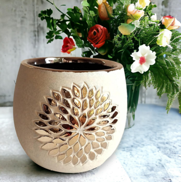 Garden Art Round Ceramic Flower Pots |Golden Flower Pattern, Pot Size (Dia-5.7 Inch) | Indoor & Outdoor Ceramic Planter(GA133-009C) ( 8220,8221) (p) - Image 2