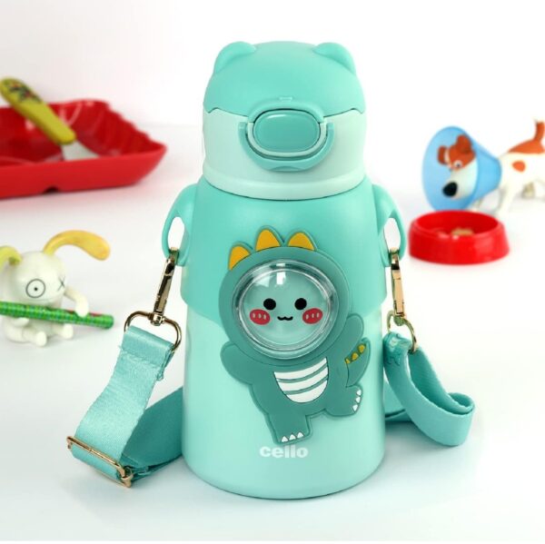 Cello Funz Hot & Cold Stainless Steel Kids Flask | One Click Push Button | Wide Cap Sealed with a flip top | Double Wall Vaccum Insulation Bottle | 550ml, Green N.8667 vivek - Image 4