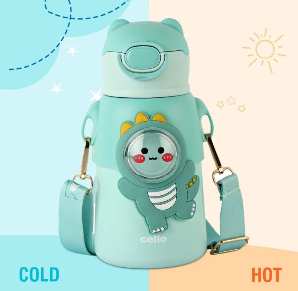 Cello Funz Hot & Cold Stainless Steel Kids Flask | One Click Push Button | Wide Cap Sealed with a flip top | Double Wall Vaccum Insulation Bottle | 550ml, Green N.8667 vivek - Image 2