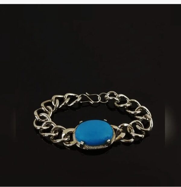De-Ultimate Stylish Trending Fashionable Silver Coated Stainless Steel Lucky Blue Stone Turquoise Wrist Friendship Bracelet For Men & Boys Being Human Jewellery Set SHANI - Image 2