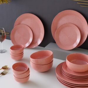 The Earth Store Spiral Pink Set of 20 Piece Ceramic Dinner Set, 6 Full Dinner Plates, 6 Quarter Plates, 6 Vegetable Bowls, 2 Snack Bowls | Microwave & Dishwasher Safe ( EK KATORI TUTA HAI)( 8592)