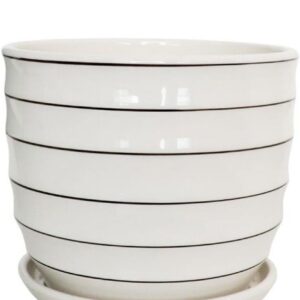 Garden Art Ceramic Flower Plant Pots in White Stripe Texture | Planters with Drainage Hole and Saucer for Indoor | Set of 3(GA84098-W)Rajender. 8181SET OF 1 PCS