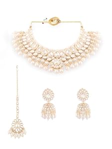 ZAVERI PEARLS Gold Tone Kundan Artificial Stones & Beads Bridal Necklace Earring & Maangtikka Set For Women-ZPFK17106(SHANI 312)EARRING NOT AVAILVEL
