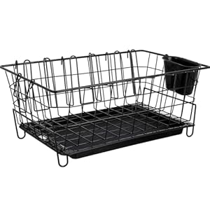 Amazon Brand - Solimo Luxe Black Steel Dish Drainer with Drain Tray, Cutlery Stand, 3 Pc Cutting Board & Glass/Lid Holder | Plate & Utensil Drying Kitchen Basket (Black)(7098)
