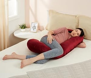 Amazon basics Full Body C-Shaped Pregnancy Pillow for Maternity & Baby Nursing | Abdomen, Hip, Spine, Neck & Head Support Cushion Velvet Outer Cover with Zip (Maroon) 6340