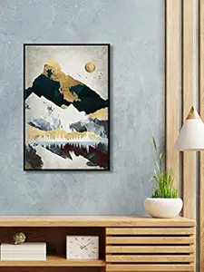 999STORE floating frame mountain art with flying birds vertical painting for wall (Canvas_Black Frame_16X24 Inches) Black074  (6558