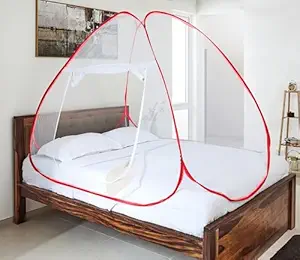 SOLIMO Mosquito NET for Single Bed | Single Bed Size Foldable MACHARDANI | Polyester 30GSM Strong NET | Plastic Coated Corrosion Resistant Wire - RED (6416)
