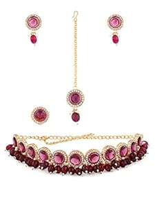ZAVERI PEARLS Wine Color Stones & Cluster Beads Choker Necklace Earring Maangtikka & Ring Set For Women-ZPFK14598(SHANI 118)