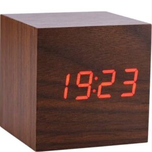 ZEITEX Wooden Digital Alarm Clock Cube Little Clock, LED Table Clock USB/Battery Powered with Temperature (Brown) 6239