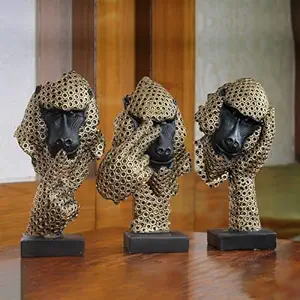 The Earth Store Gandhi's Golden Trio Set of Three Monkeys with Golden Ring Pattern | Poly Resin Decorative Figurines for Home | Monkey Showpiece Set | Gandhiji's 3 Monkey Figurine | Sculpture | Idol(1622)