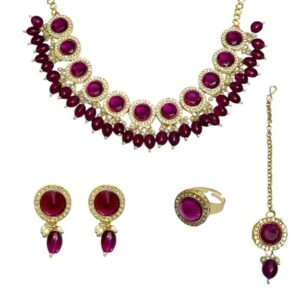 ACCESSHER Traditional Gold Plated Semi Precious Pink Stones Studded Necklace Set with Earrings, Maang Tikka and Finger Ring for Women and Girls  (SHANI,253