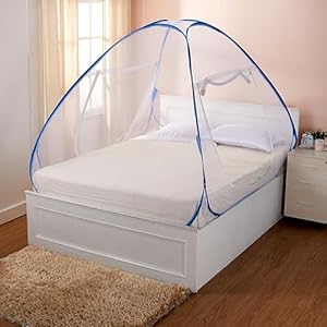 Amazon Brand - Solimo Mosquito Net for Double Bed | Queen Size Foldable Machardani | Polyester 30GSM Strong Net | Plastic Coated Corrosion Resistant Wire - Blue(7452,7652)