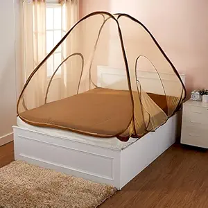 Amazon Brand - Solimo Mosquito Net for Double Bed | Premium King Size Foldable Machardani | Polyester 38 GSM Heavy Net with Base Cloth | Plastic Coated Corrosion Resistant Wire - Golden  .6464